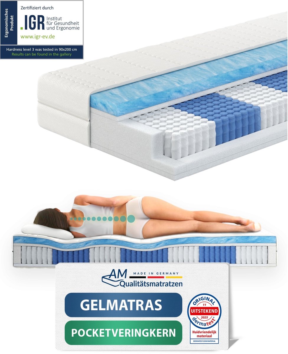 AM Qualitätsmatratzen Premium gelschuim matras 90x200cm - Gemiddeld (H3) - 10000 veren - Pocketveringmatras gelschuim 90 x 200-6 cm gelschuim deklaag - 24cm hoogte - Made in Germany Wit