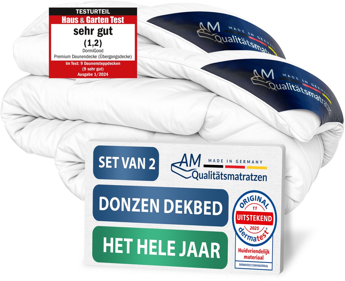 AM Qualitätsmatratzen - 100% dons - Set van 2 Hoogwaardig donsdekbed 140x220 cm voor in de lente/herfst - Overgangsdekbed 140 x 220 - Warm donsdekbed voor in de lente en herfst - Inlegwerk van katoen