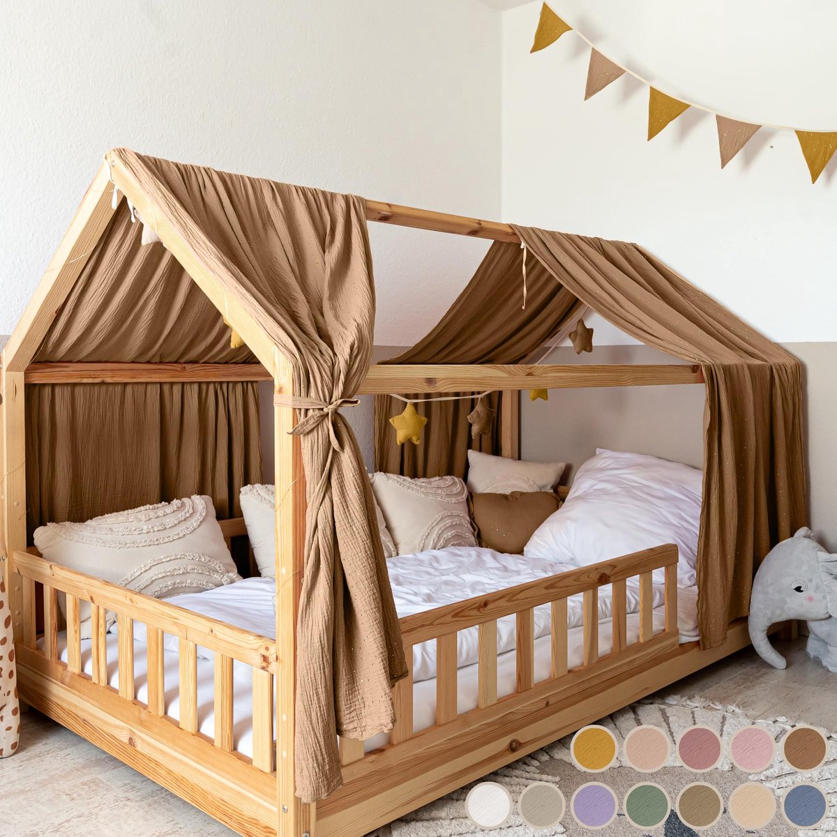 LILIMAUS Huisbed hemeltje - bedhemel voor huisbed - 67,5 x 320 cm - mousseline katoen - bruin