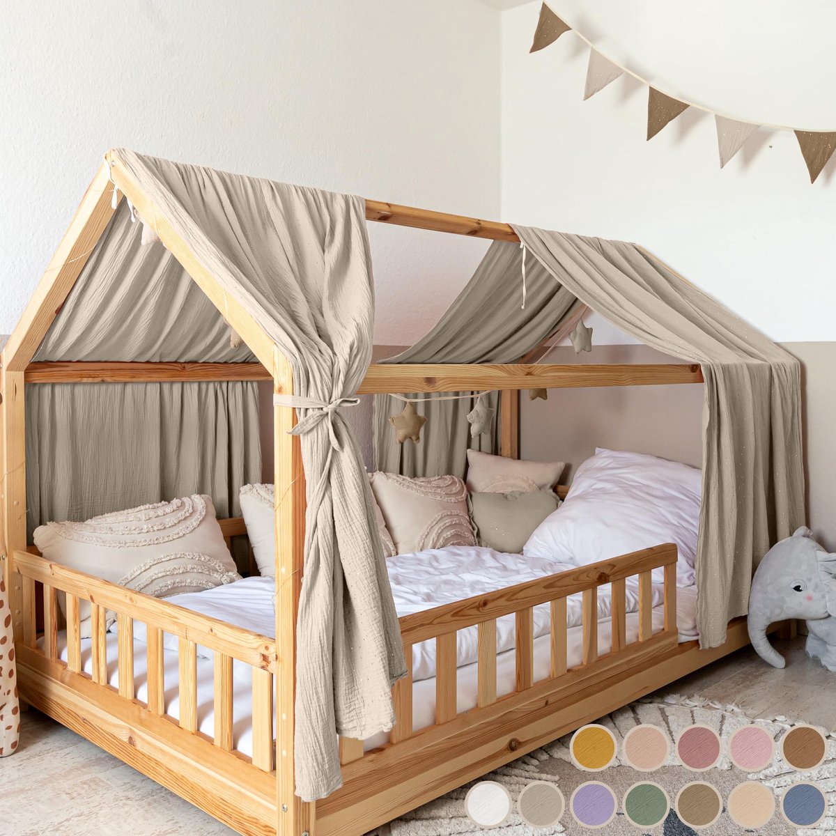 LILIMAUS Huisbed hemeltje - bedhemel voor huisbed - 67,5 x 320 cm - mousseline katoen - lichtbeige