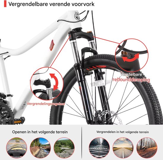 Dames mountainbike - Voor volwassenen - 21 versnellingen, vergrendelbare verende vork, dubbele schijfremmen, aluminium frame - Wit, 51/66/69 cm van Merkloos — afbeelding 5