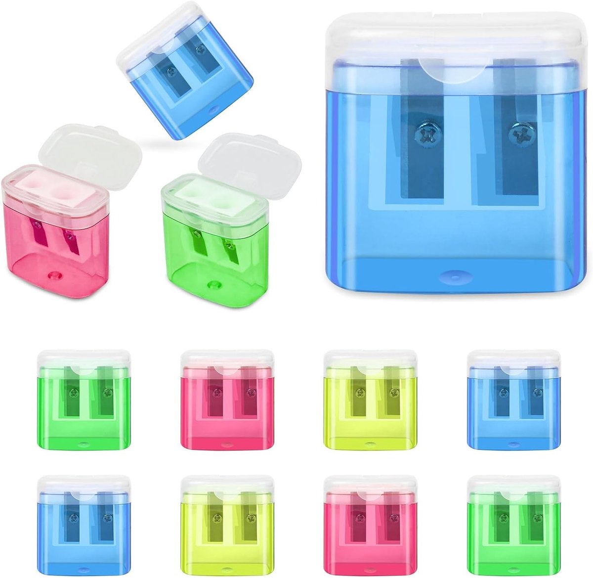 Pencil Sharpener Set voor Kinderen - 12 Stuks in 4 Kleuren met Container, Dubbele Gaten en Handmatige Bediening - Ideaal voor School en Creatieve Activiteiten