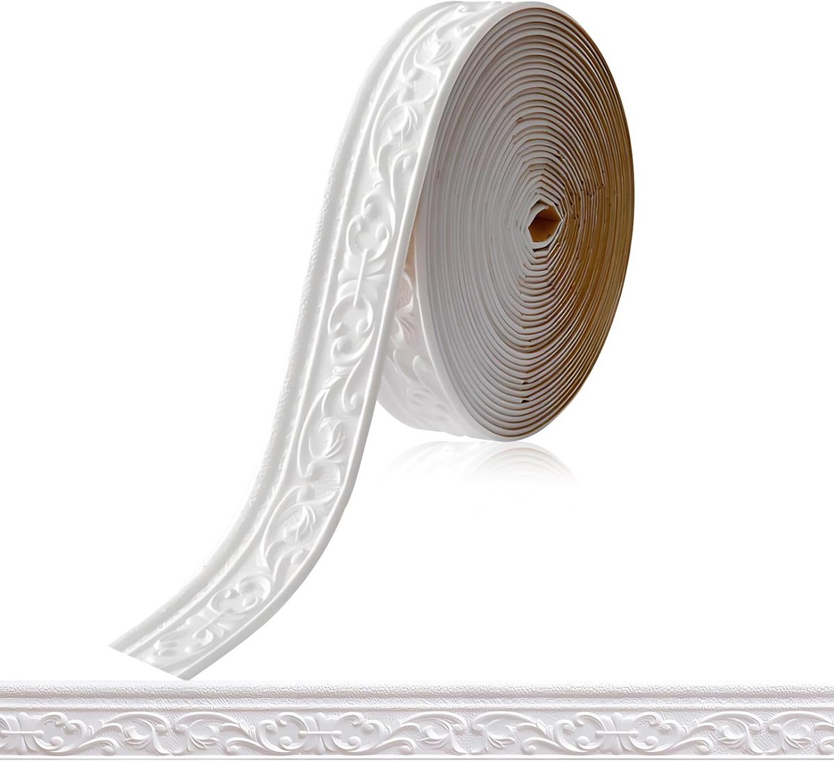 Witte Zelfklevende Wandrand 10 m x 8 cm x 5 mm, 3D Plafondlijst, Snijbare Stucco Moulding voor Wanden en Hoeken in Huisdecoratie