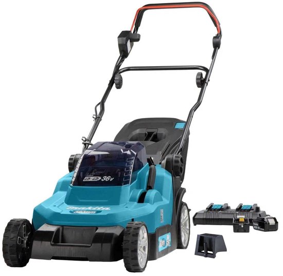 Makita 36V grasmaaier in turquoise en zwart, met 2x 18V 5.0Ah accu's en lader.