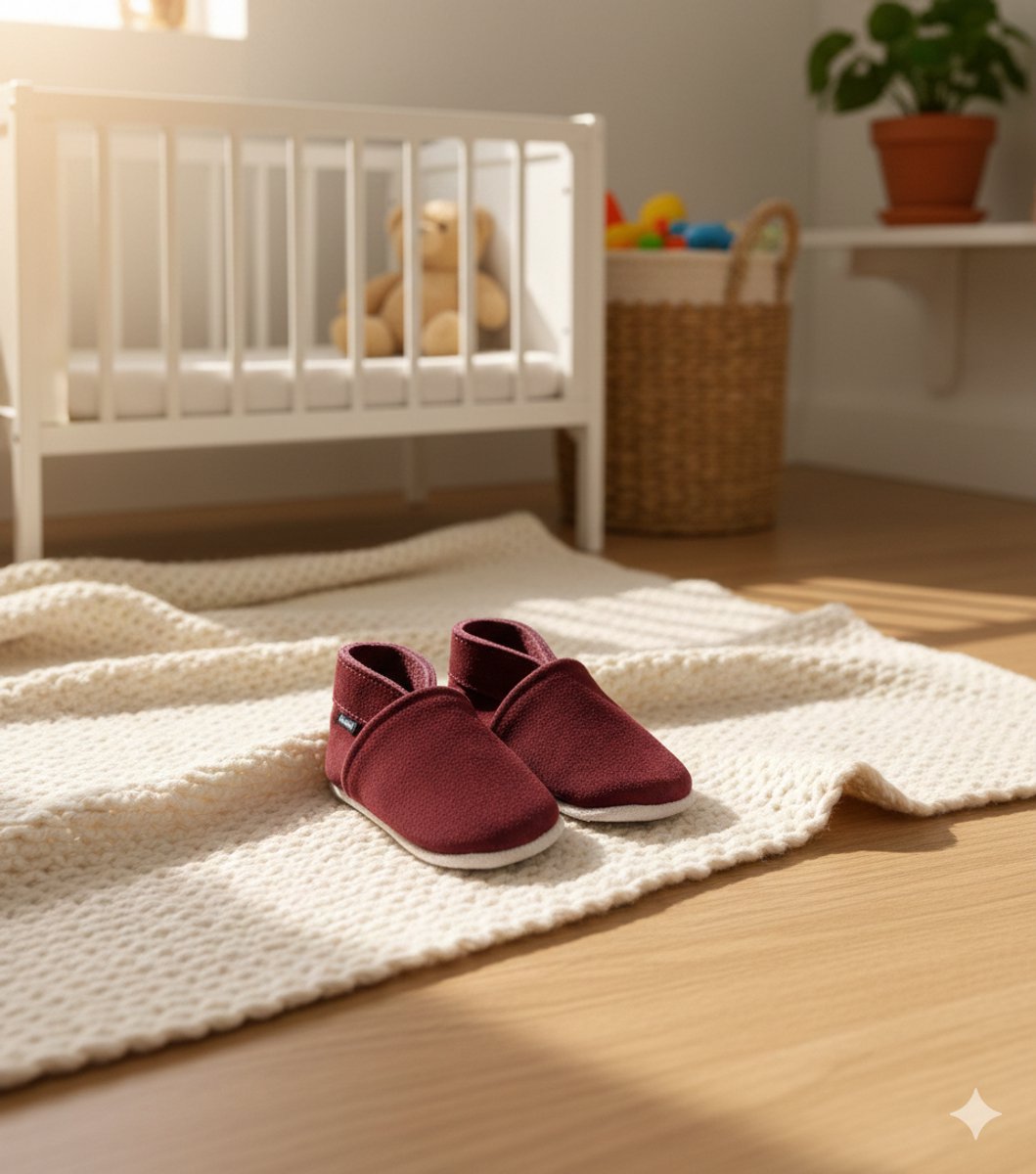 Stabifoot Babyslofjes – Zacht Leer – Cadeaudoos - Linnen zakje - Barefoot - BORDO 6 - 12