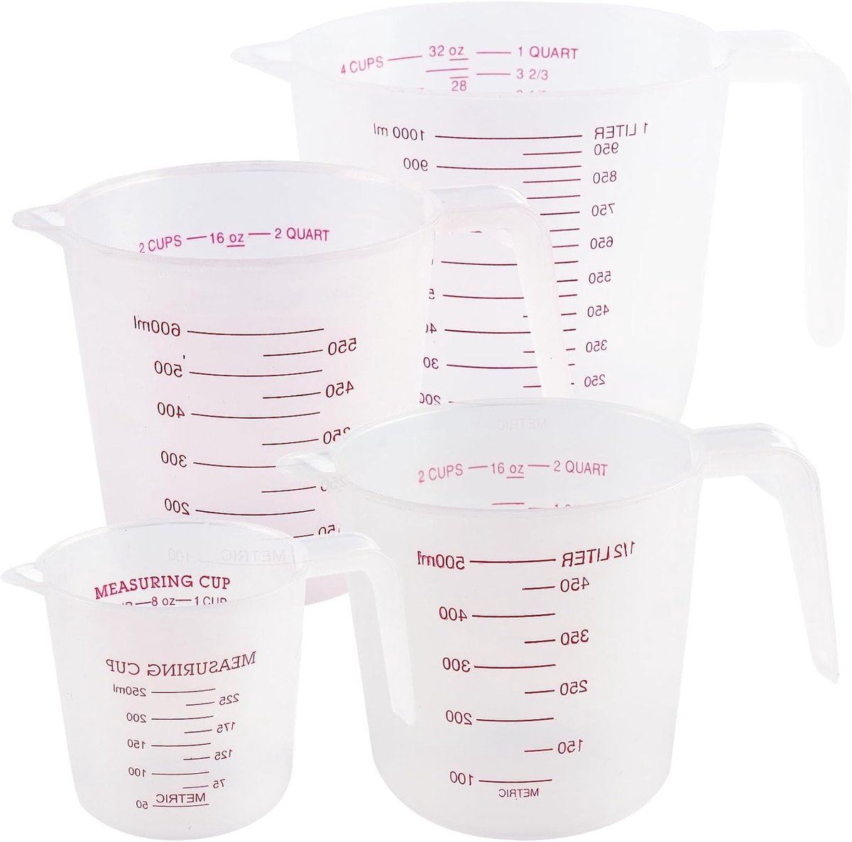 Dailygoods- Maatbekers Set 4 Stuks - 250/500/600/1000 ml - Kunststof - Ergonomische Handgrepen - Nauwkeurige Metingen - Duurzaam Gebruik - Maatkan