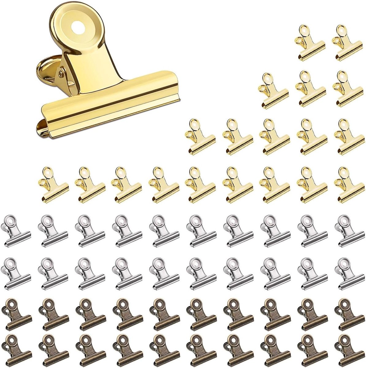 60 Stuks Kleine Bulldog Paperclips van 22mm, Metaalclips van Hoogwaardige Manganese Staal voor Foto's, Tekeningen en Creatieve Projecten in Goud/Zilver/Bronze