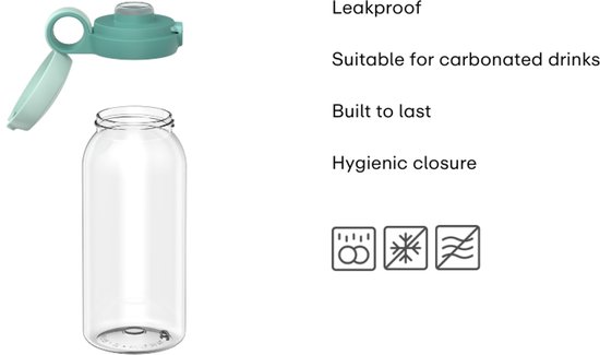Transparante drinkfles met lichtgroene lekvrije dop, geschikt voor koolzuurhoudende dranken.