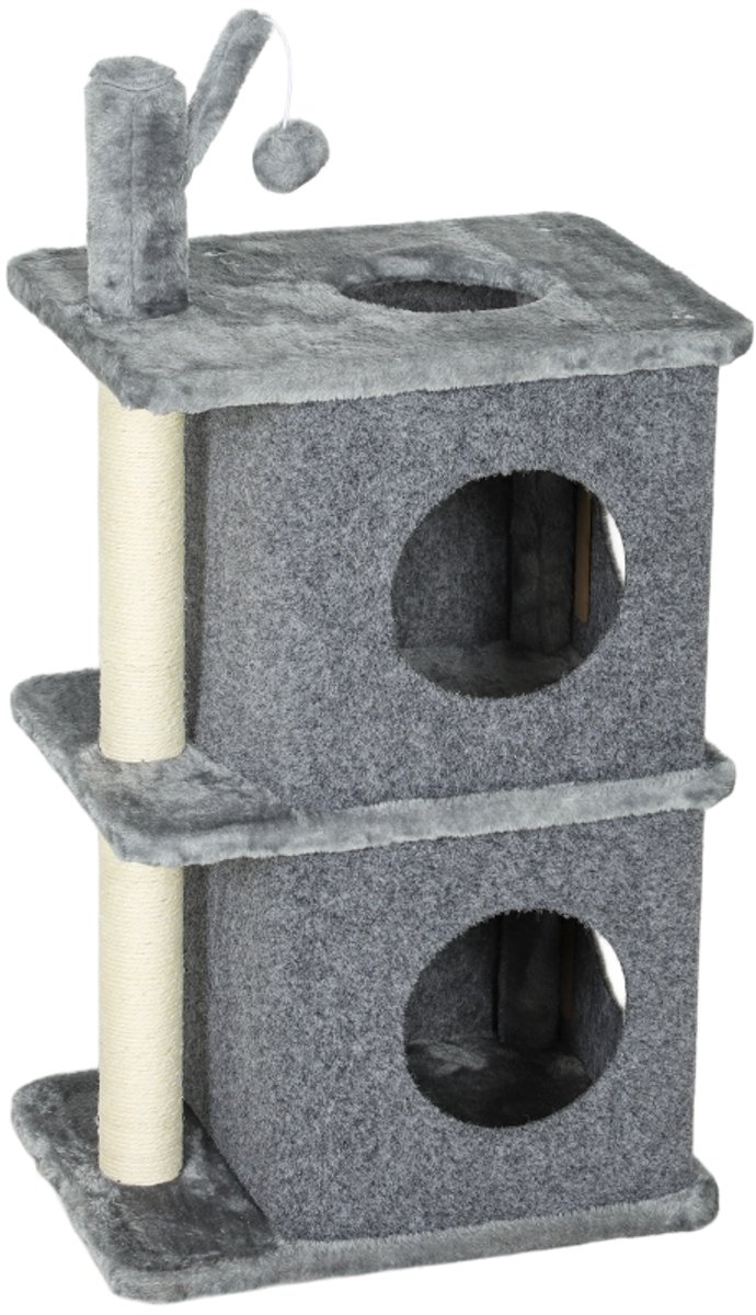 Krabpaal voor Katten - 3 Niveaus Kattentoren met 2 Huisjes & Speelbal - 43x33x80 cm - Donkergrijs