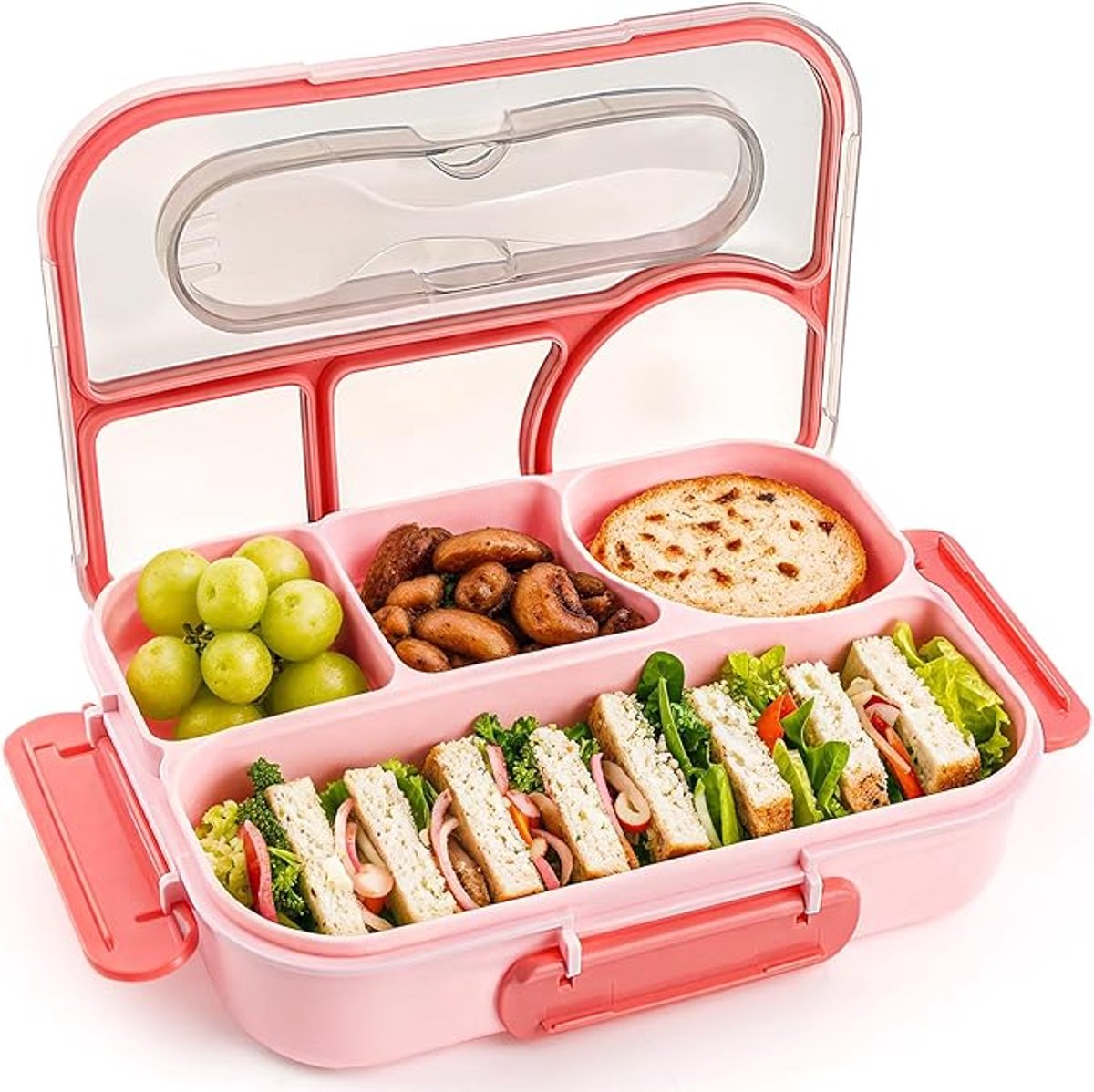 Lunchbox voor volwassenen, 4 compartimenten, valbestendig, vaatwasmachinebestendig, roze.