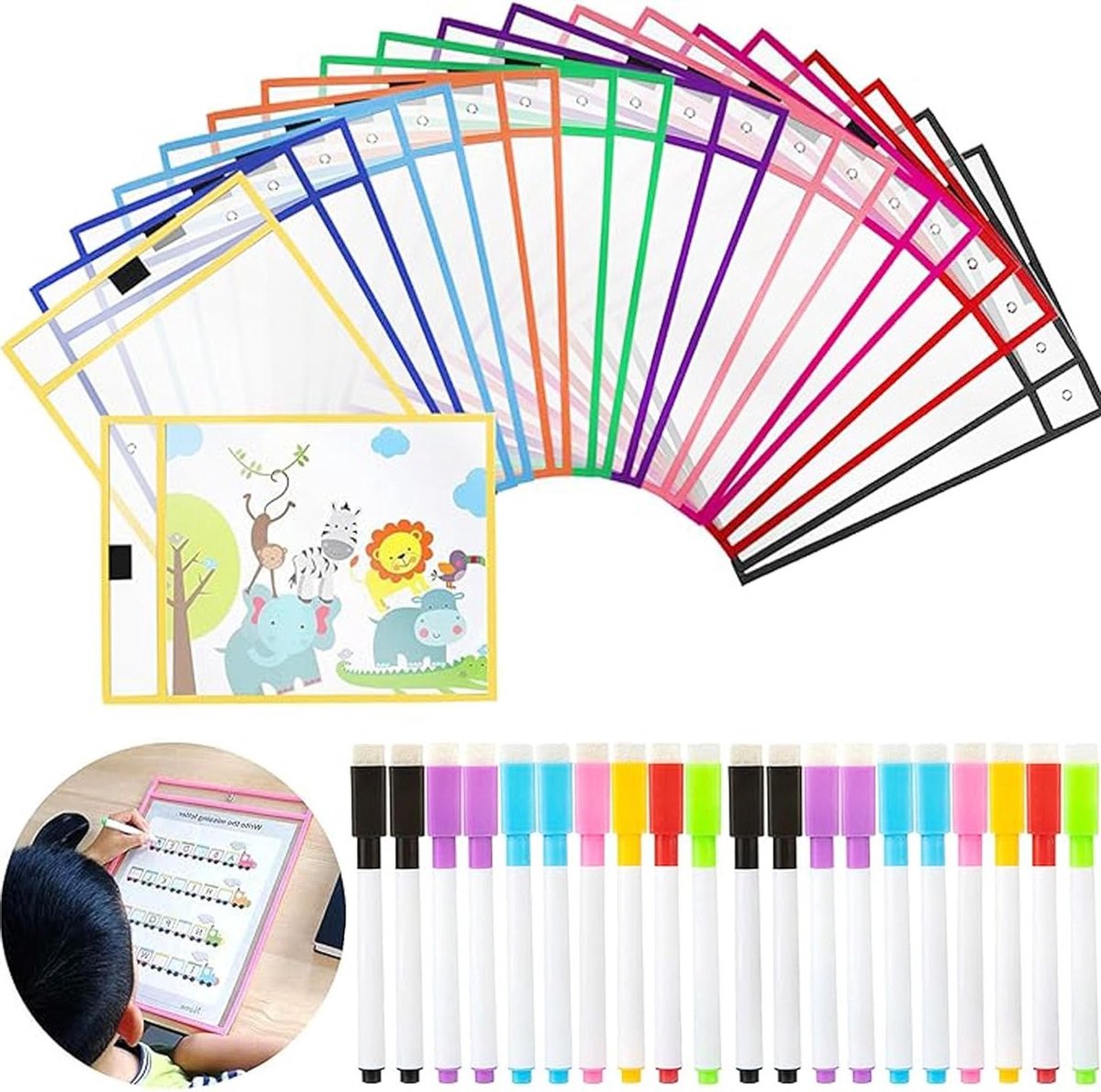 Set van 40 Herbruikbare Drooguitwisbare Tassen met 20 A4 Mappen en 20 Uitwisbare Stiften voor School en Kantoor Activiteiten