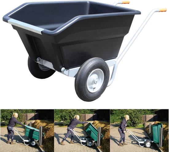 Zwarte kantelbare kruiwagen met twee wielen, zilverkleurig frame en oranje handvatten, met afbeeldingen van een vrouw die de kruiwagen gebruikt.