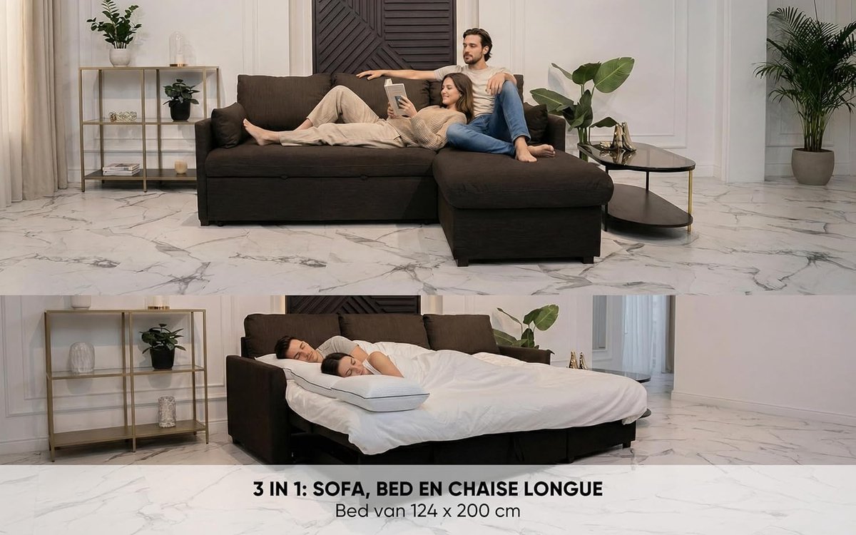 Slaapbank Hoekbank L-Vorm 221x160,5x88 cm met Opbergruimte en Omkeerbare Chaise Longue – 4 Zits Uitklapbare Bank Bruin Modern Design – Nicolehome Mobili Bella Orlando
