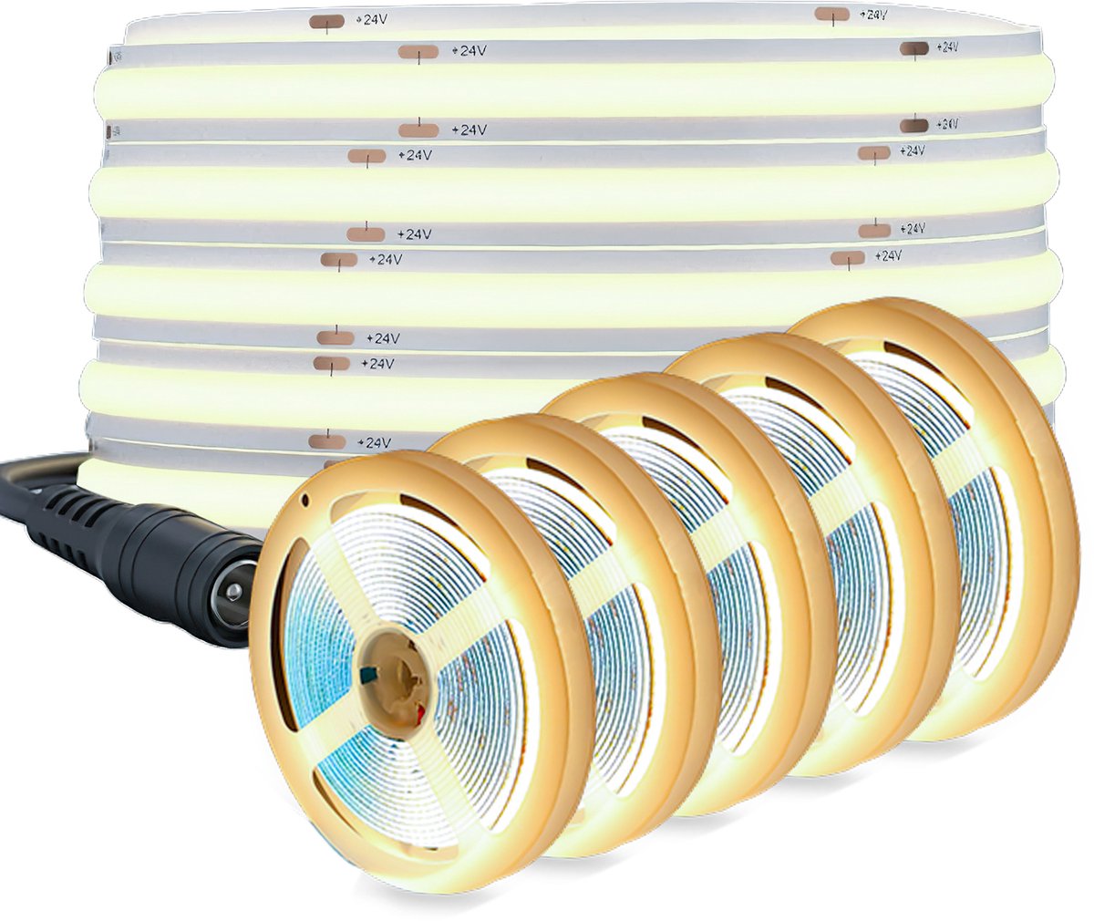 Oraymin COB LED Strip - Set van 5 - 2M - Warm Wit 3000K - 24V - Dimbaar - Flexibel - (Alleen strip)