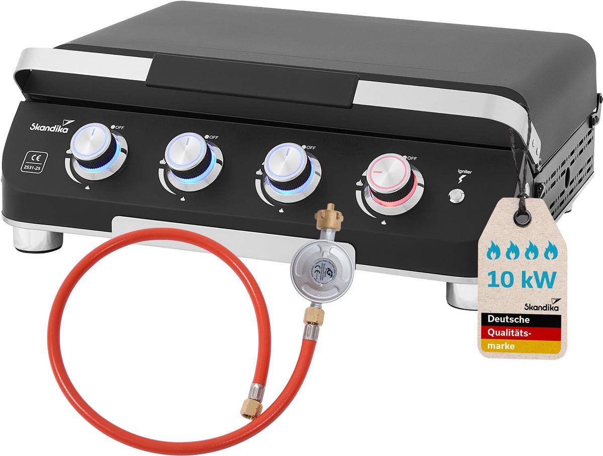 Skandika plancha‑grill Palo - Gasbakplaat met/zonder deksel, 3/4 branders, lekbak, draagbare gasgrill met kookplaat | Outdoor, camping, balkongrill, tafelgrill, plancha‑grill, gasbrader