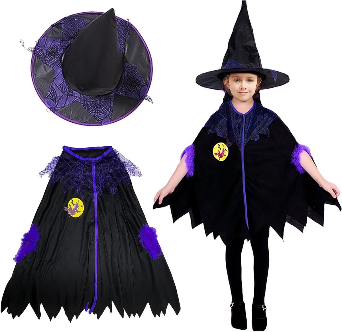 Tovenaarskostuum voor Kinderen, 2-delig Set met Hoed en Cape, Perfect voor Halloween en Verkleedpartijen, Magisch Tovenaarsoutfit voor Jongens en Meisjes