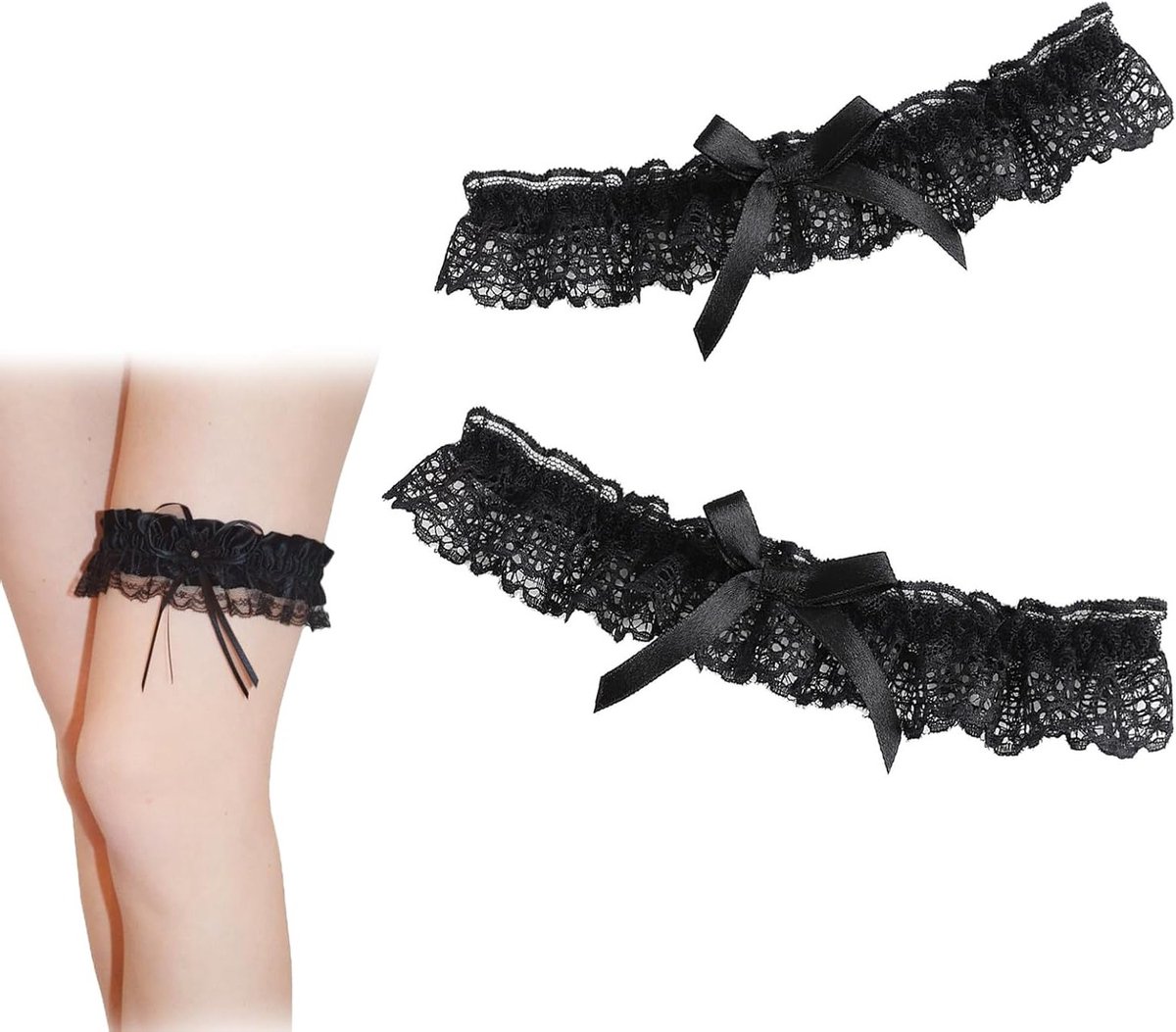 Lace Garter voor Bruid, Elegante Bruidsbanden voor Trouwerij, Perfect voor Dagelijks Gebruik en Dans, 2 Stuks (Zwart), One Size