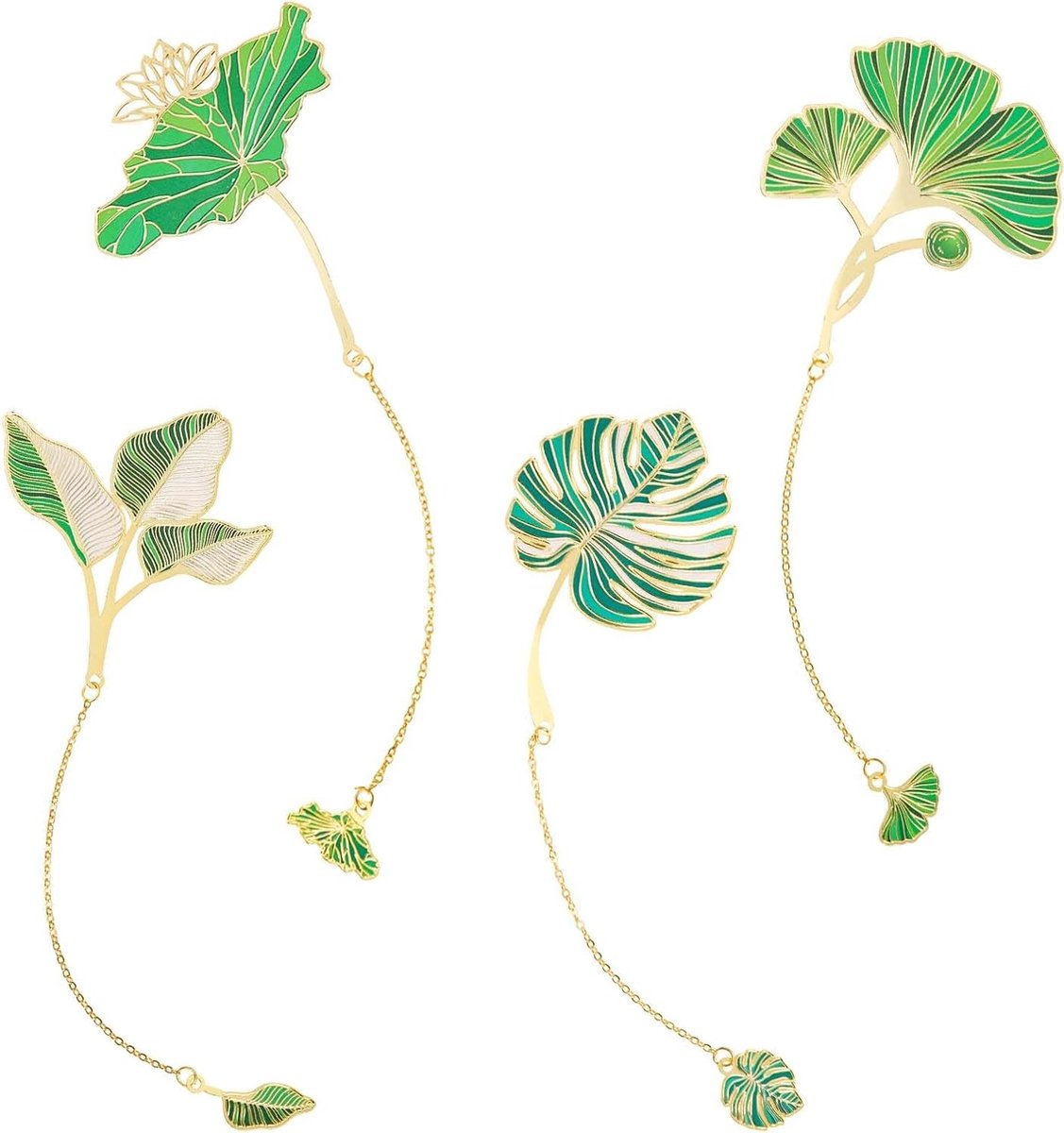 Set van 4 metalen boekenleggers met bloemen en bladeren - Ginkgo, banaan, lotus en monstera - Perfect cadeau voor leraren, schrijvers en boekenliefhebbers
