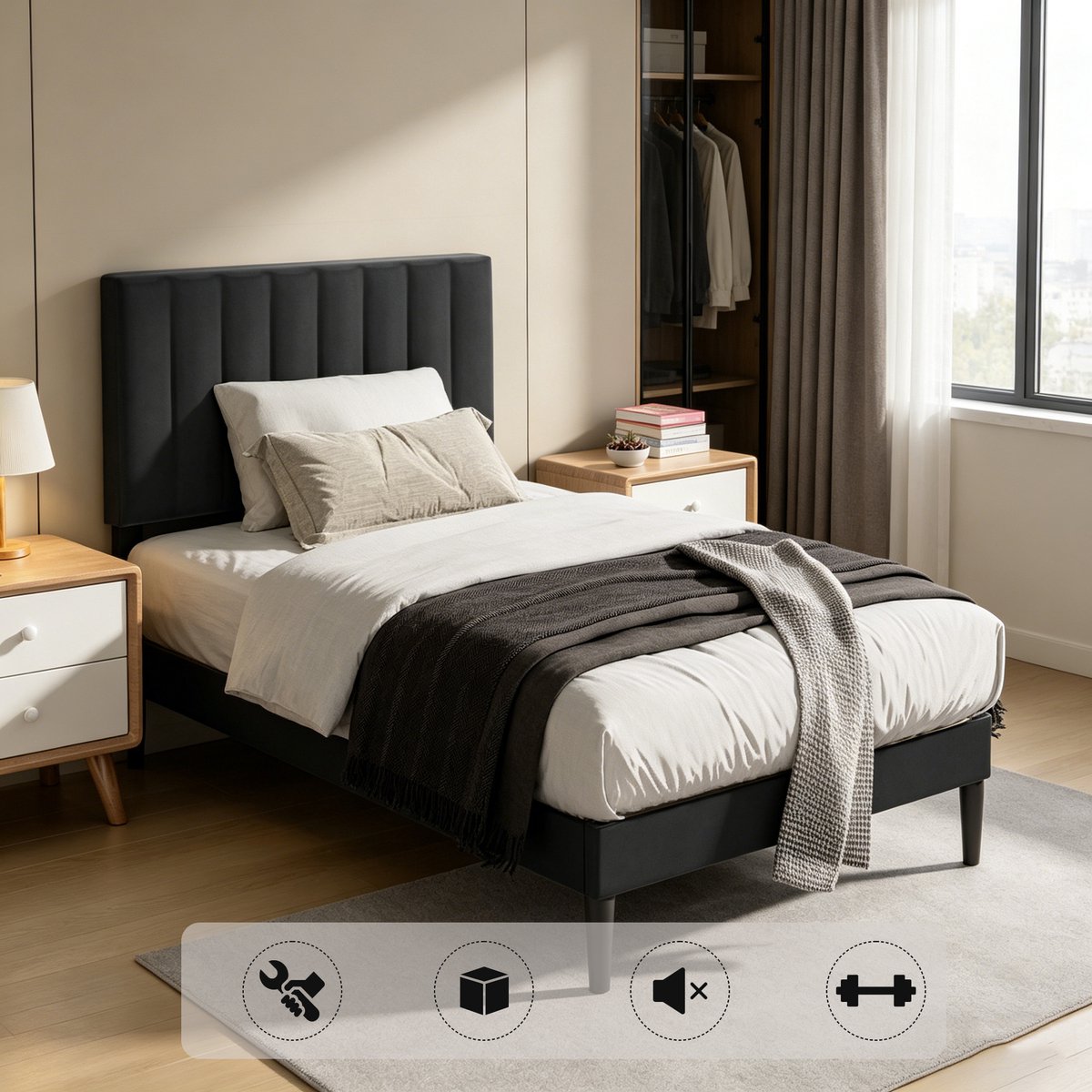 KUTAS Gestoffeerd bed 90x200 CM - Eenpersoonsbed - Heavy Duty Metalen Bedframe - Met Verstelbaar Gestoffeerd Hoofdbord Zwart - Met Opbergruimte en Lattenbodem - Eenvoudige Montage