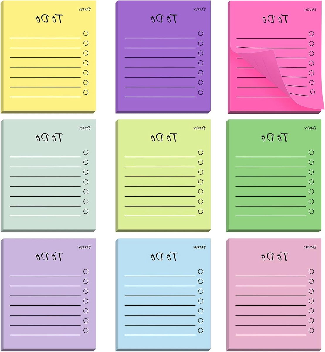 Padded To Do List Notities, 450 Stuks, 9 Pack Horizontale Plaknotities Assortiment voor Kantoor, Thuis, School en Vergaderingen (9 Kleuren)