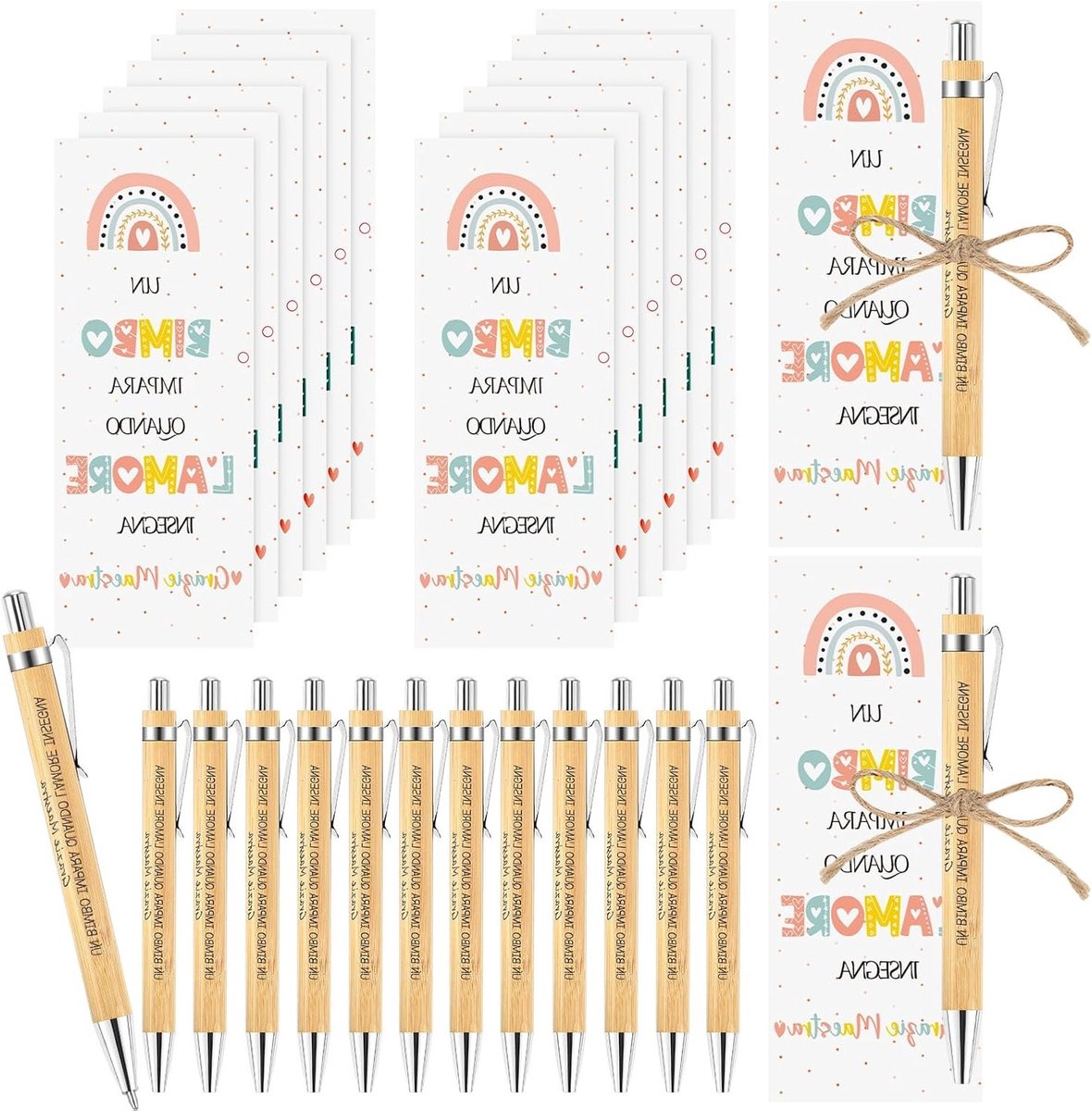 Cadeauset voor leraren: 12 houten markers, 12 bedankkaarten en jute koord, perfect om waardering en dankbaarheid te tonen aan docenten en professoren