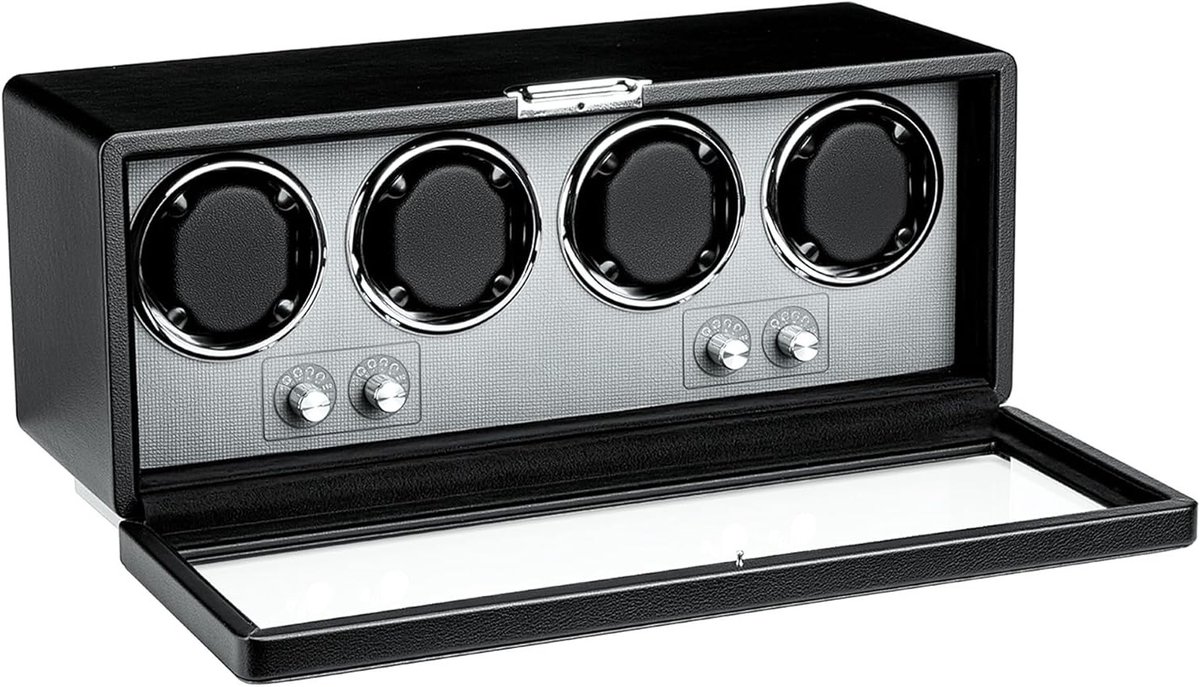 Rectangulaire automatische horlogewinder met PU leren behuizing voor 4 horloges, ultra-stille motor, LED-display en 4 rotatiemodi - Zwart
