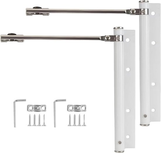 Twee witte automatische deursluiters met scharnieren, schroeven en inbussleutels.