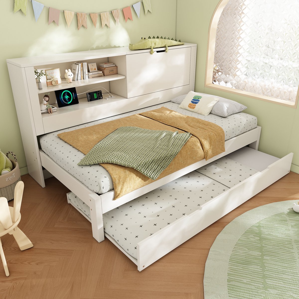 intebiki Slaapbank met eenpersoonsbed van 90 x 190 cm en uitschuifbaar bed van 90 x 190 cm, wit bedframe met opbergruimte in het achterpaneel, open vak, verborgen neerklapbaar opbergvak, USB/USB-C-laadstation, lattenbodem, exclusief matras.