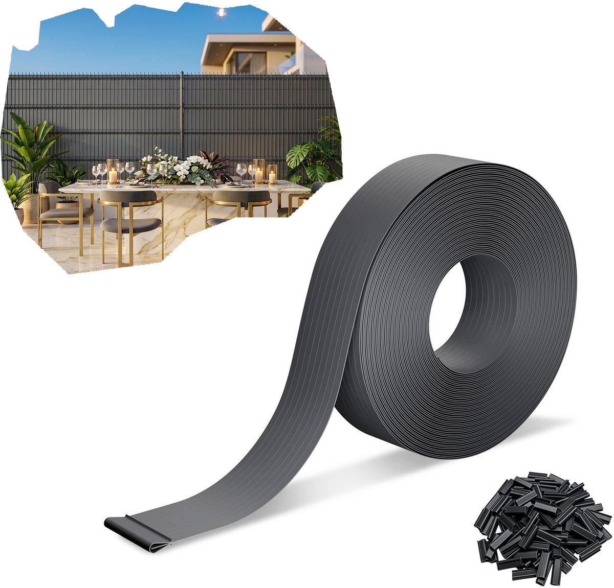 Froadp Antraciet 65 m premium PVC-privacystroken 4,7 cm voor dubbele staafhekken, weerbestendig, UV-bestendig, scheurvast, ondoorzichtige windbescherming voor tuin, balkon en terras, inclusief clips