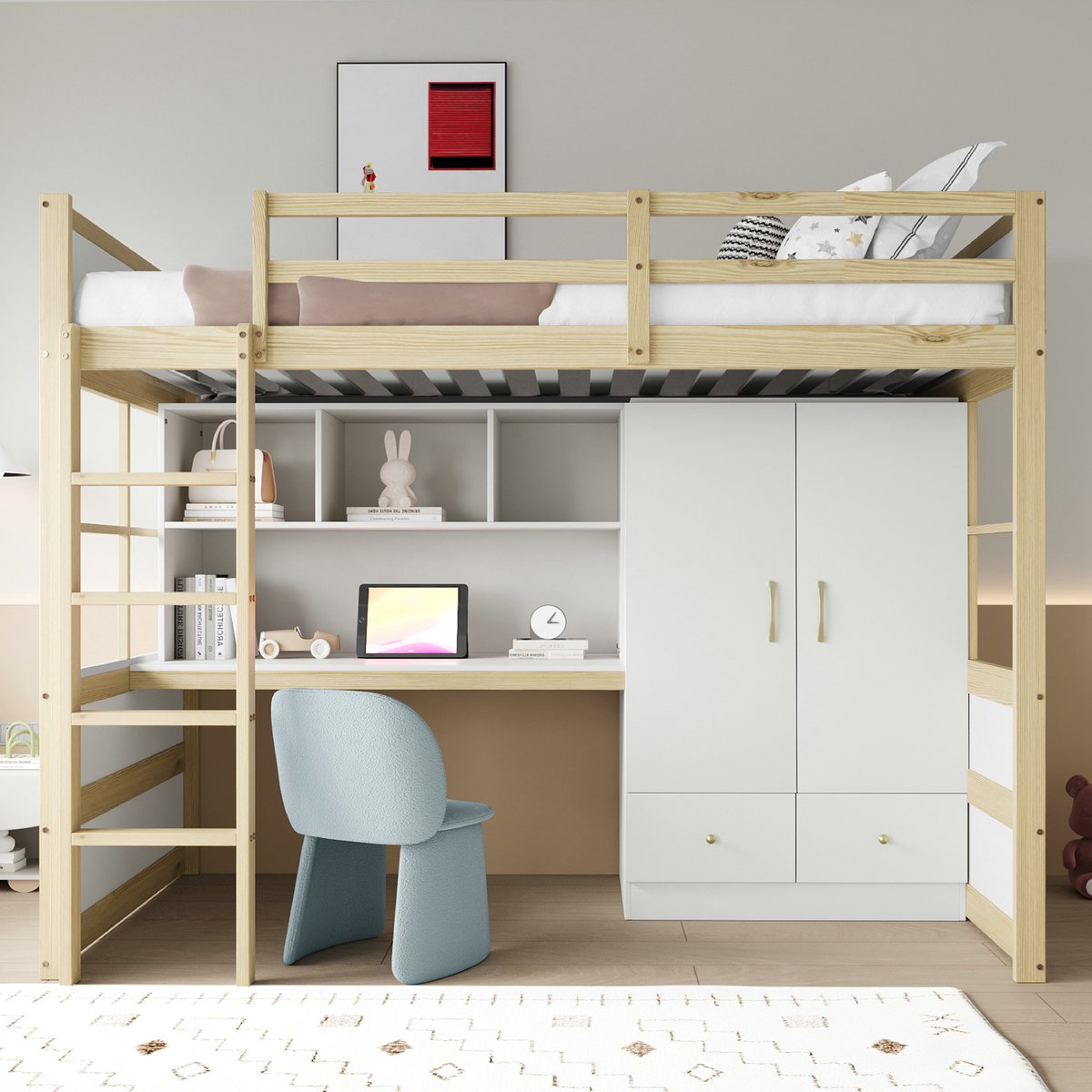 VVBV Hoogslaper 90x200 met bureau / Hoogslaper met bureau en kast – met Kledingkast, Opbergruimte, Ladder – Tienerbed – Natuurlijk Hout – Tienerbed 90x200