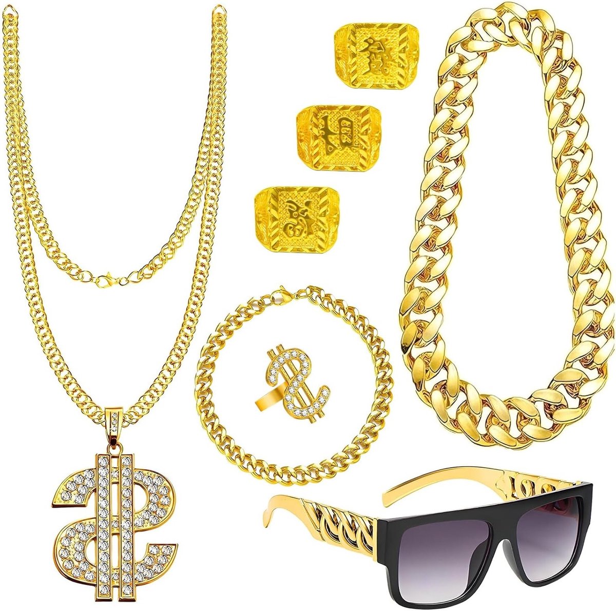 Complete Hip Hop Kostuum Set met Gouden Ketting, Dollar Ring en Accessoires voor Carnavals en Rap Concerten - Perfect voor 80s/90s Themafeestjes
