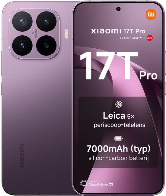 Donkerpaars Xiaomi 17T Pro met een vierkant camera-eiland, het logo 'MI' en tekst 'Leica 5x periscoop-telelens'.