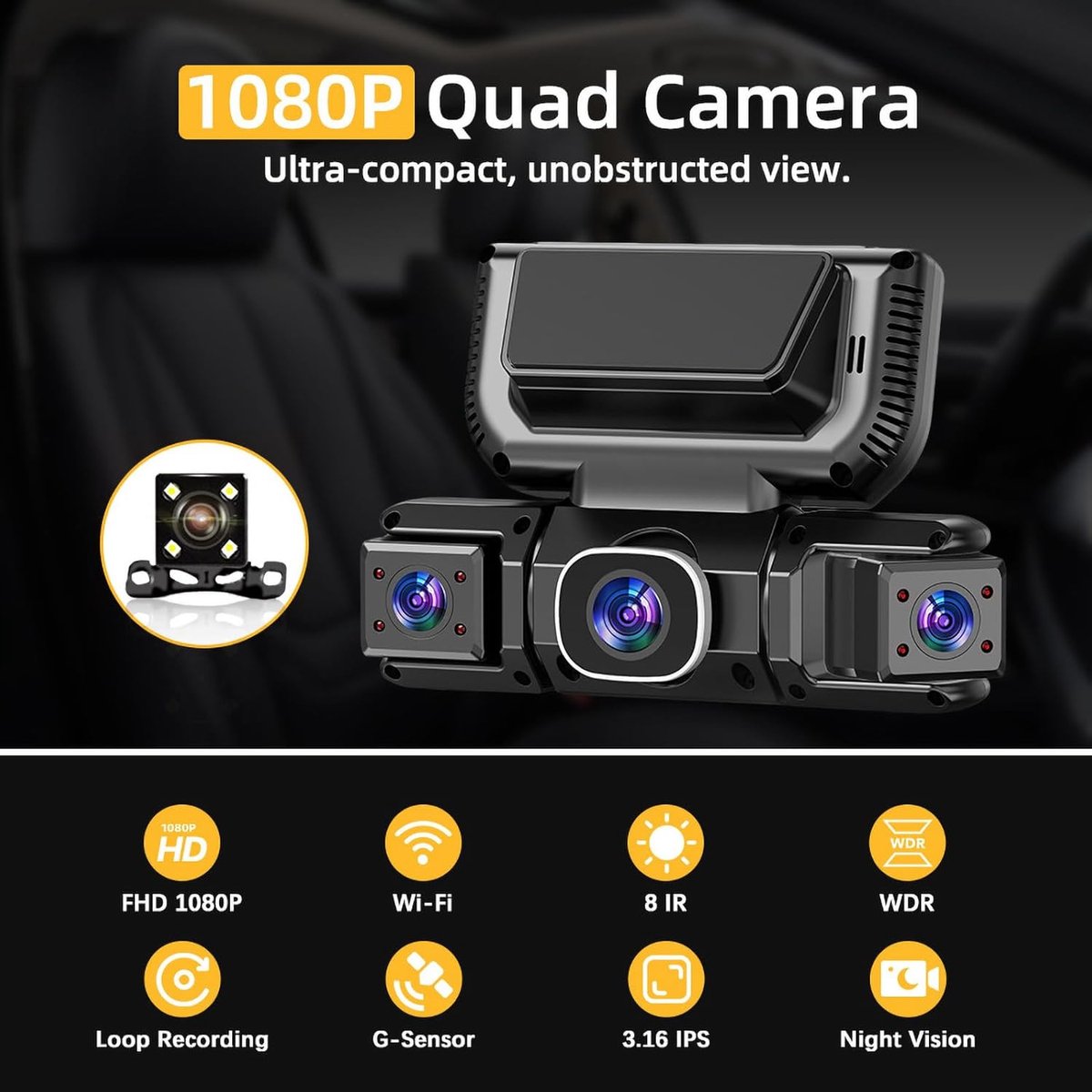 Dashcam - Dashcam voor auto - 4-kanaals dashcam voor - Gratis OBDII-hardwire - 1080P - 24/7 parkeerbewaking, 360° camera met wifi, loopopname, nachtzicht – foto 2