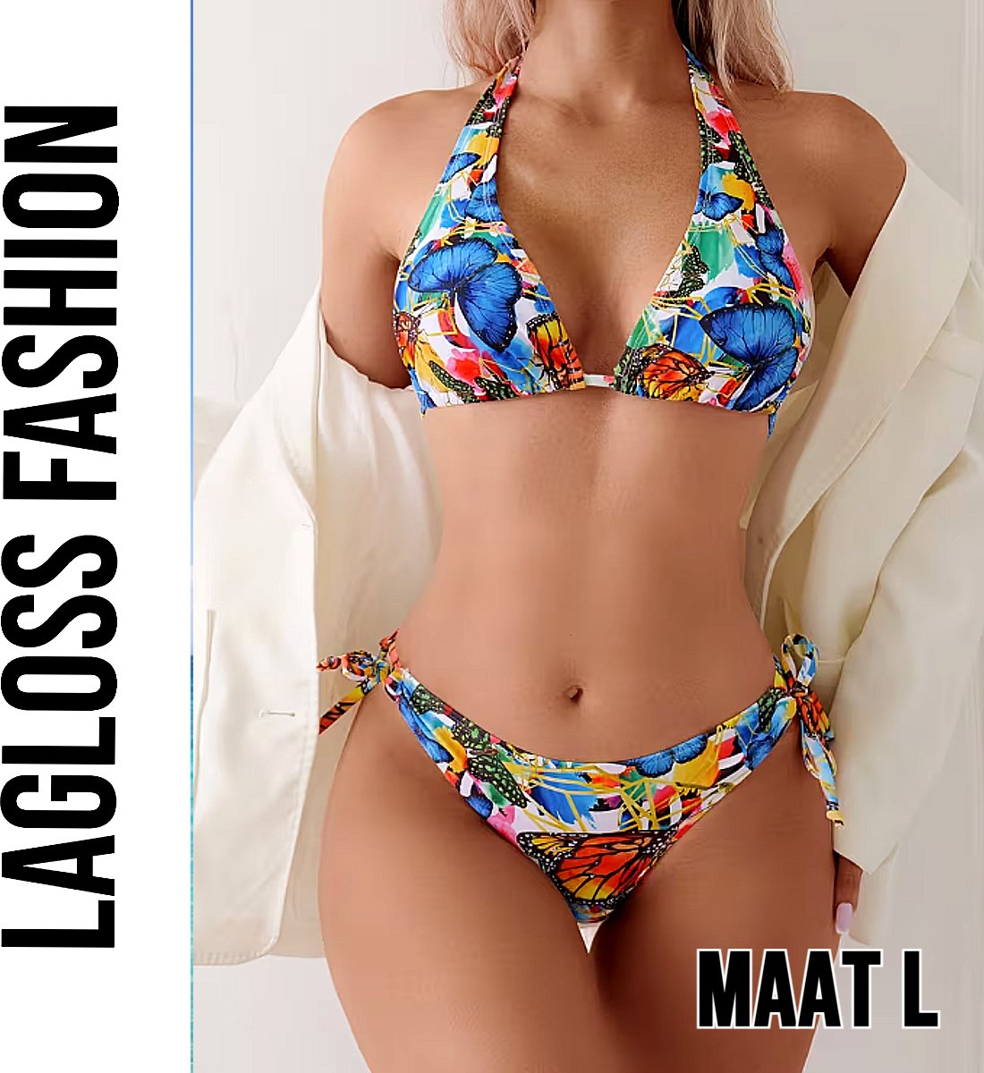 LaGloss® 2-Delig Bikini Set Dames met Vlinderprint – Haltertop – Zomermode – Beach Fashion – Strandmode – Maat L