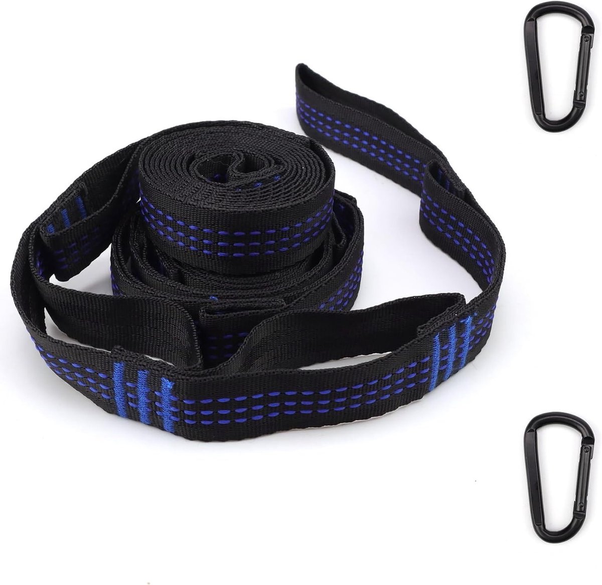 Hammock Hangset van 2 Stukken (2 Meter) met Carabiner Haken - 100 kg Draagvermogen - Verstelbare Boomriemen met 6 Ringen voor Kamperen, Tuin en Balkon