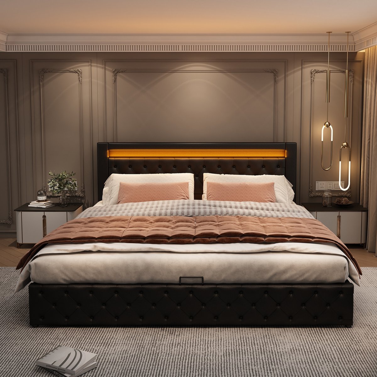 VVBV Bed met opbergruimte 140x200 / Gestoffeerd bed 140x200 / Tweepersoonsbed 140x200 – met LED-Verlichting, Lattenbodem – Zwart