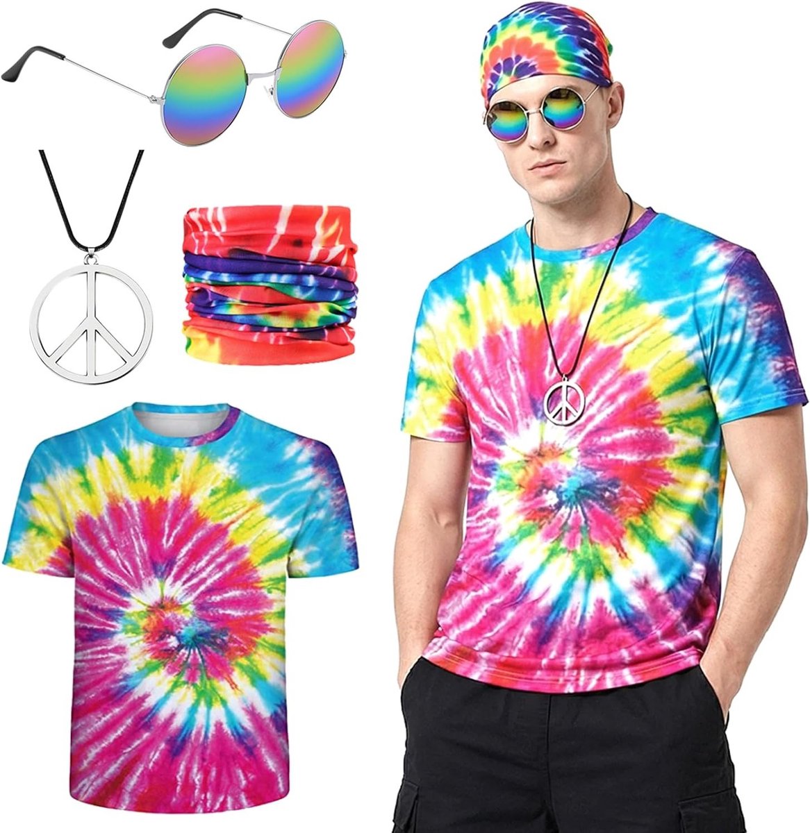 Hippie Kostuum voor Mannen met T-Shirt, Zonnebril, Haarband en Ketting voor Carnaval en Halloween, Perfect voor Disco en Cosplay