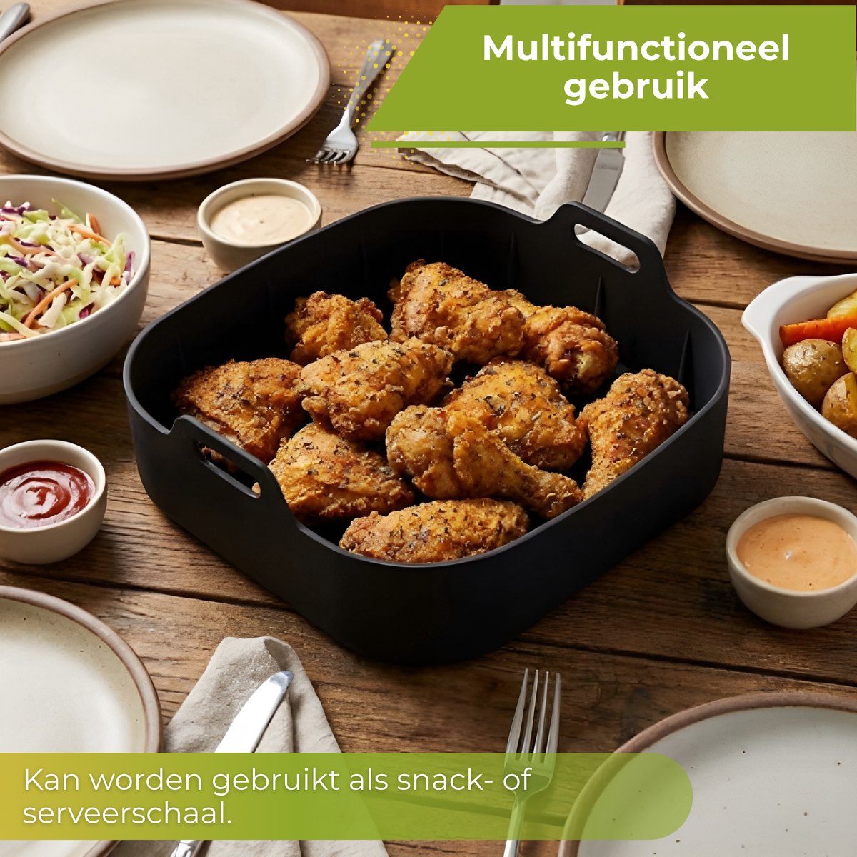 HI NATURE™ Airfryer accessoires - Airfryer siliconen bakje vierkant set inclusief Wanten voor Airfryer XXL - Siliconen ovenschaal BPA Vrij Accessoires Heteluchtfriteuse Bakvormen – Bakpapier Alternatief - Mand Bakvorm - 20 CM (Zwart) — afbeelding 5