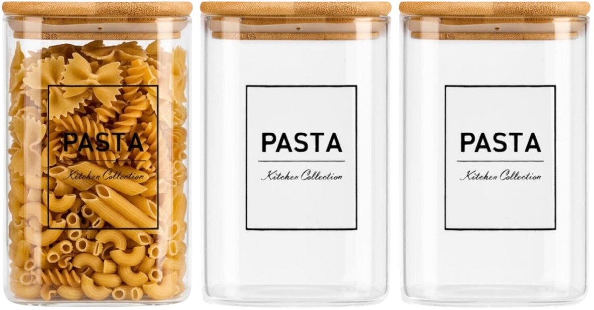 Vivalto Voorraadpot Essentials - 3x - keuken - pasta - glas - 1,2L - luchtdichte deksel