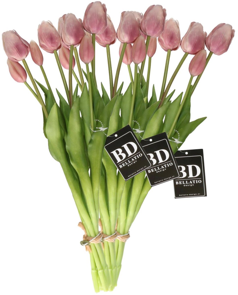 Bellatio Design Kunst tulpen boeket Sally - 21x stuks - zacht lila - real touch - 47 cm