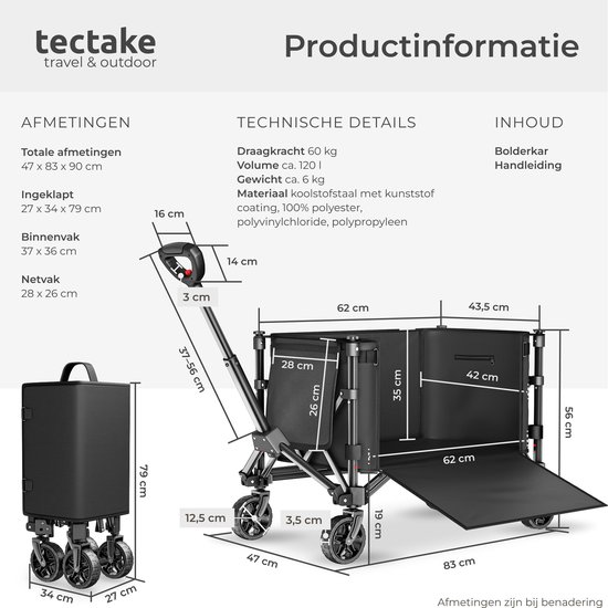 tectake® Bolderkar - Opvouwbaar - 60 kg Draagkracht - Draaibare Massieve wielen - 47 x 83 x 90 cm - Bolderkarren - Bolderwagen - Met Verstelbare Duwstang - Handkar - Waterafstotende Transportwagen - Met Legplank en Binnenvak van Merkloos — afbeelding 5