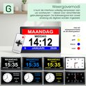 Groot digitaal display met datum en tijd, tonen verschillende wijzerplaatontwerpen met de kleuren wit, geel, blauw, rood.