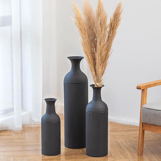 Grote Zwarte Vloervaas voor Woonkamer - Set van 3 Moderne Ribbel Vazen voor Slaapkamer, Eetkamer en Trap - Ideaal voor Decoratie en Bloemstukken