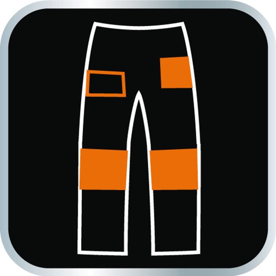 Icon: Werkbroek met oranje verstevigingen op knieën en zakken.
