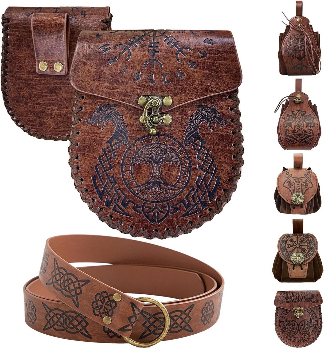 Middeleeuwse Gegraveerde Riem met Noorse Gegraveerde Riemtas, Vintage Kunstleer, Retro Riem met Zijvak voor Mannen, One Size, Perfect voor Cosplay en Kostuums
