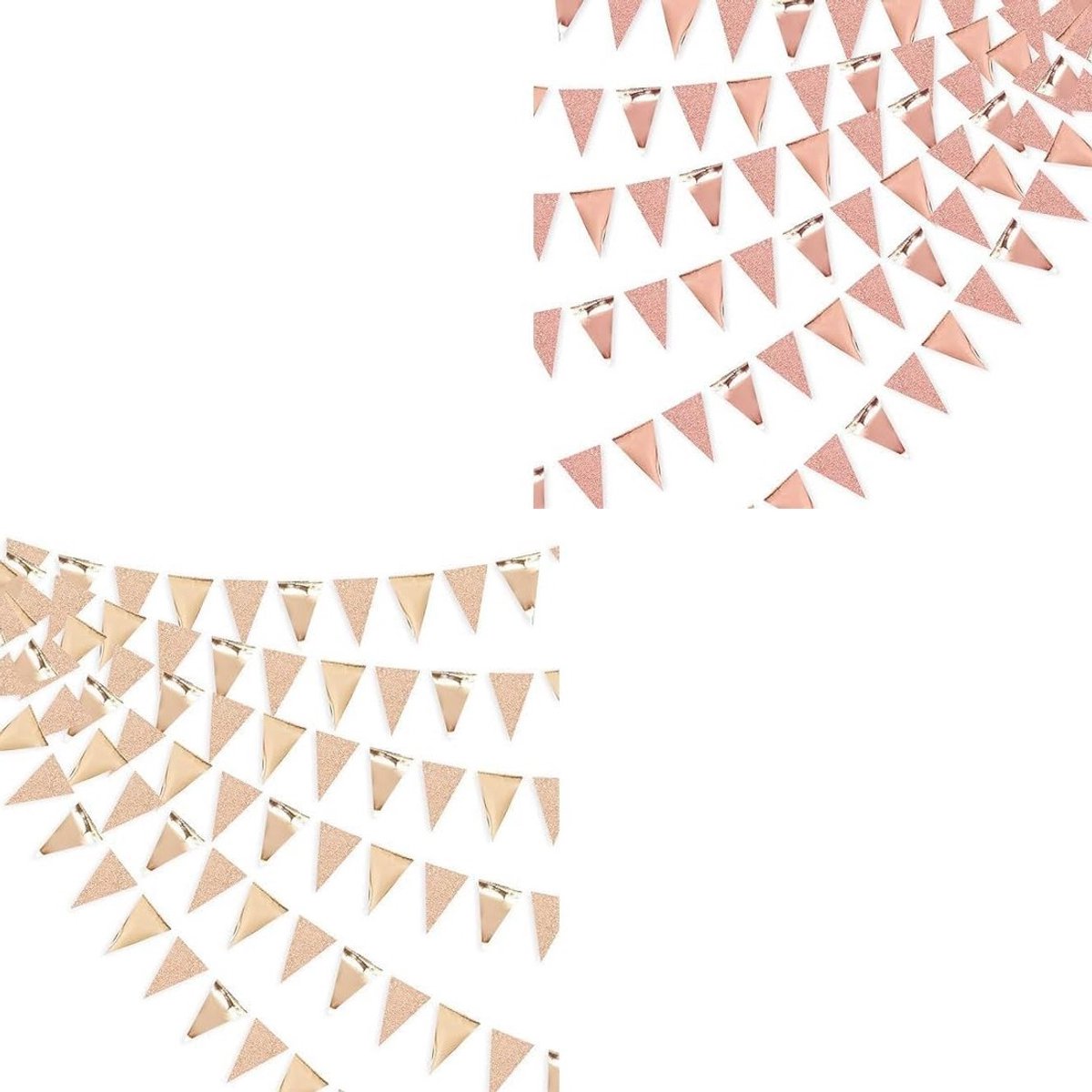 Prachtige 2-delige vlaggenlijn van papier voor binnendecoratie, perfect voor verjaardagen, bruiloften en feestjes in roségoud en champagnekleur.