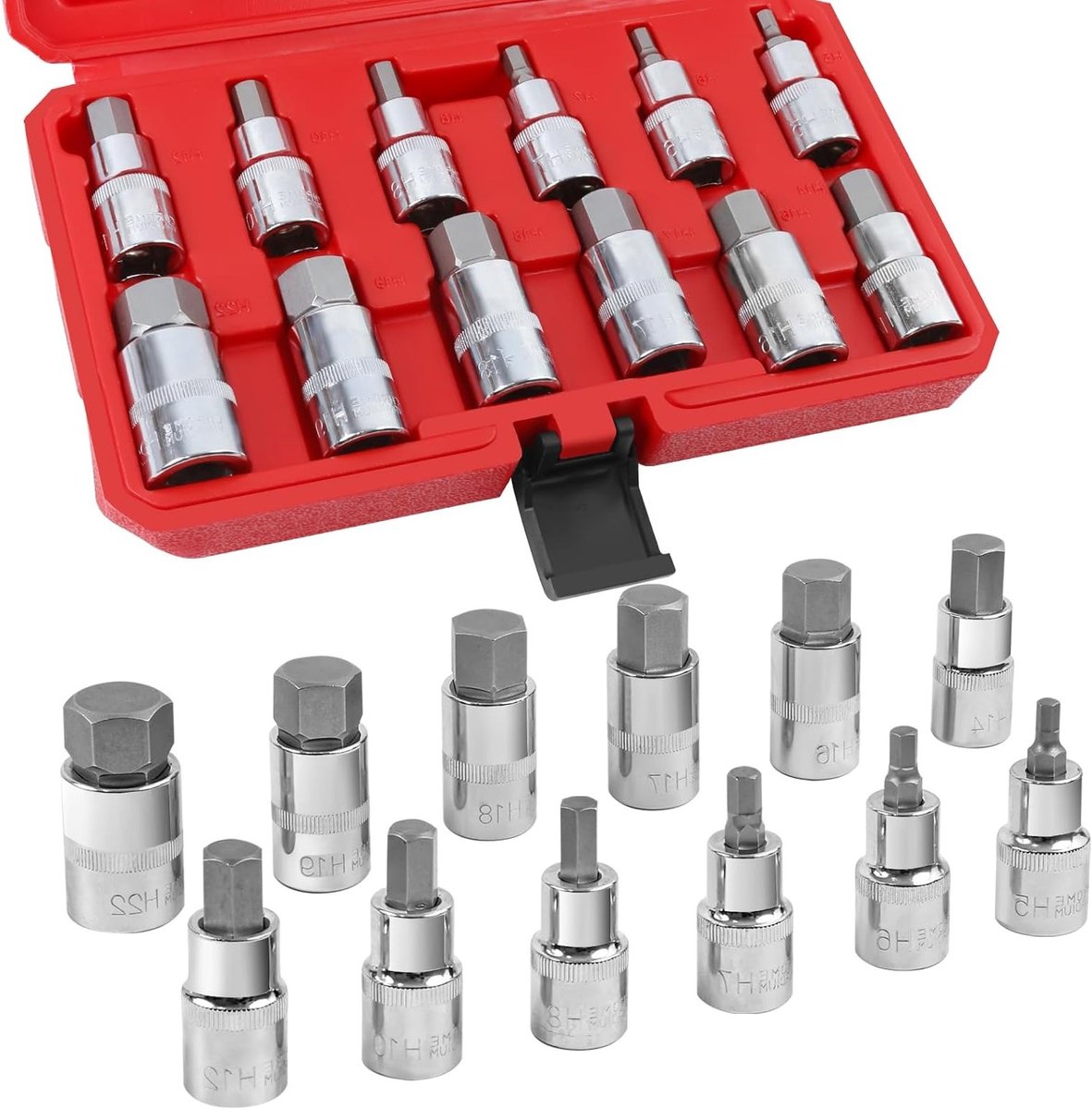 Complete 12-delige Inbussleutelset met 1/2 inch Steeksleutels en Kunststof Opbergdoos, Inclusief Maten van 5 tot 22mm voor Diverse Klussen