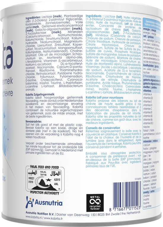 Ingrediëntenlijst en voedingsschema Kabrita Zuigelingenmelk.