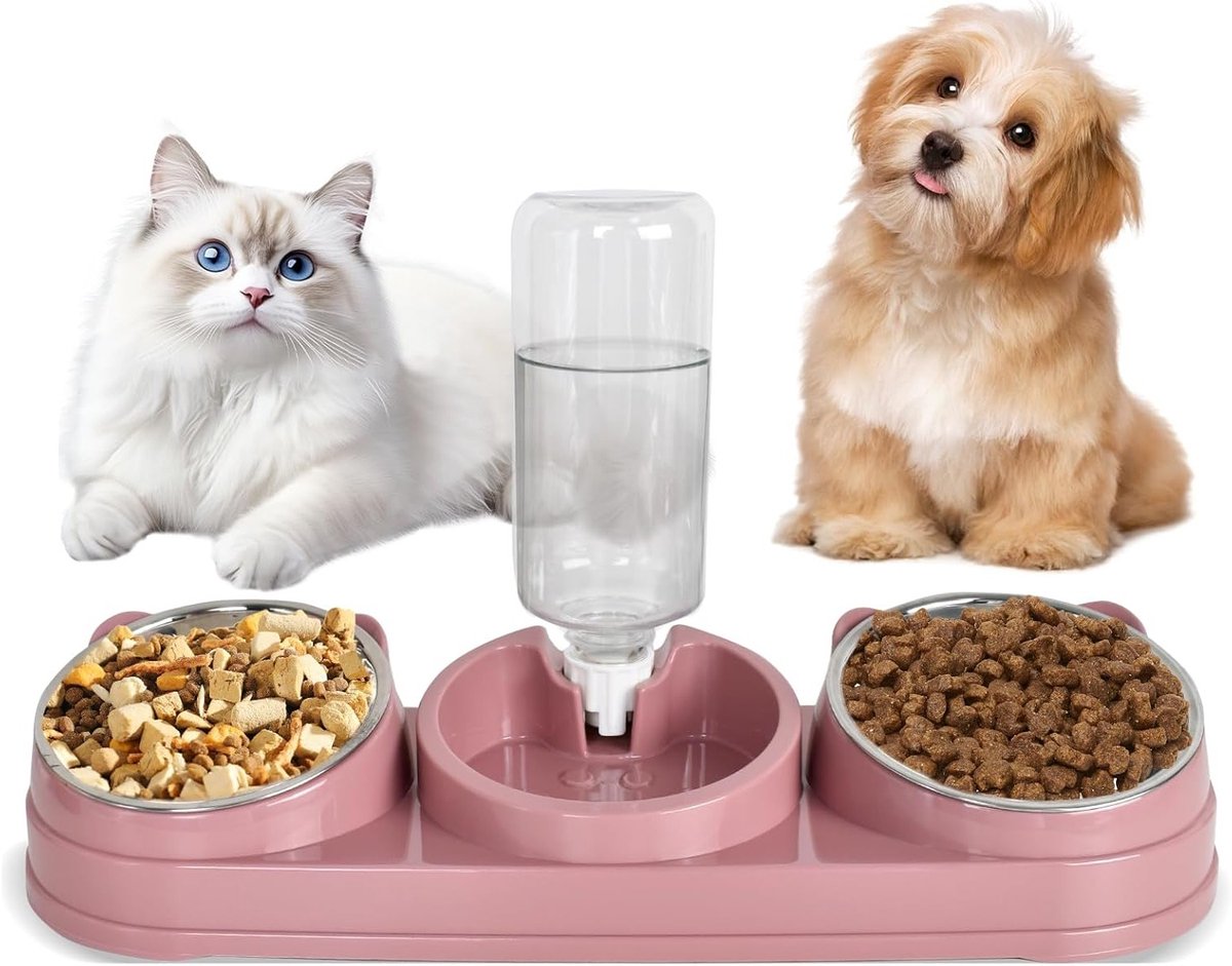3-in-1 Voer- en Waterbakken Set voor Katten - Dubbele Kattenbakken met 500ml Waterfles, Gescheiden Droog en Nat, Verhoogde Voedingsstation voor Kleine en Middelgrote Honden