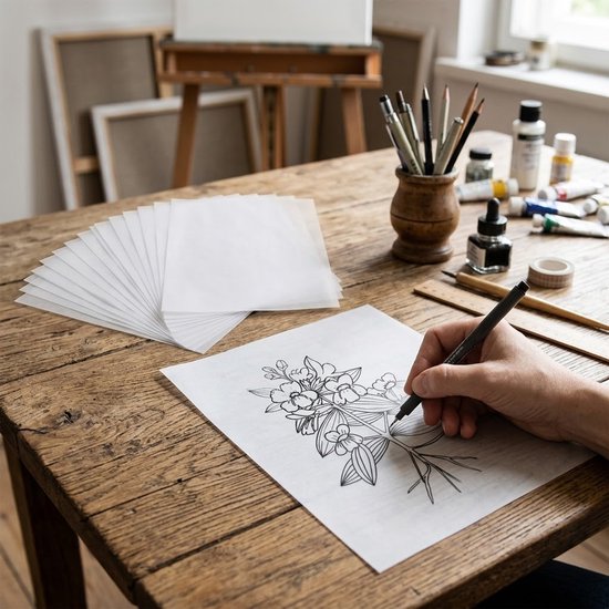 Een stapel wit transparant A4-papier ligt op een houten tafel, naast kunstbenodigdheden en een tekening van bloemen.